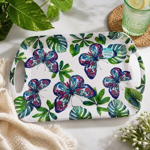 Tropical Butterfly Melamine Serving Tray 16x10.5 Green Leaf Handled Platter NWT